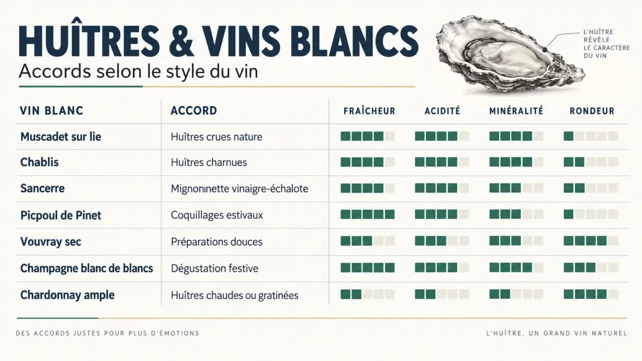 Comparaison des accords vin blanc huître selon la préparation et le profil du vin