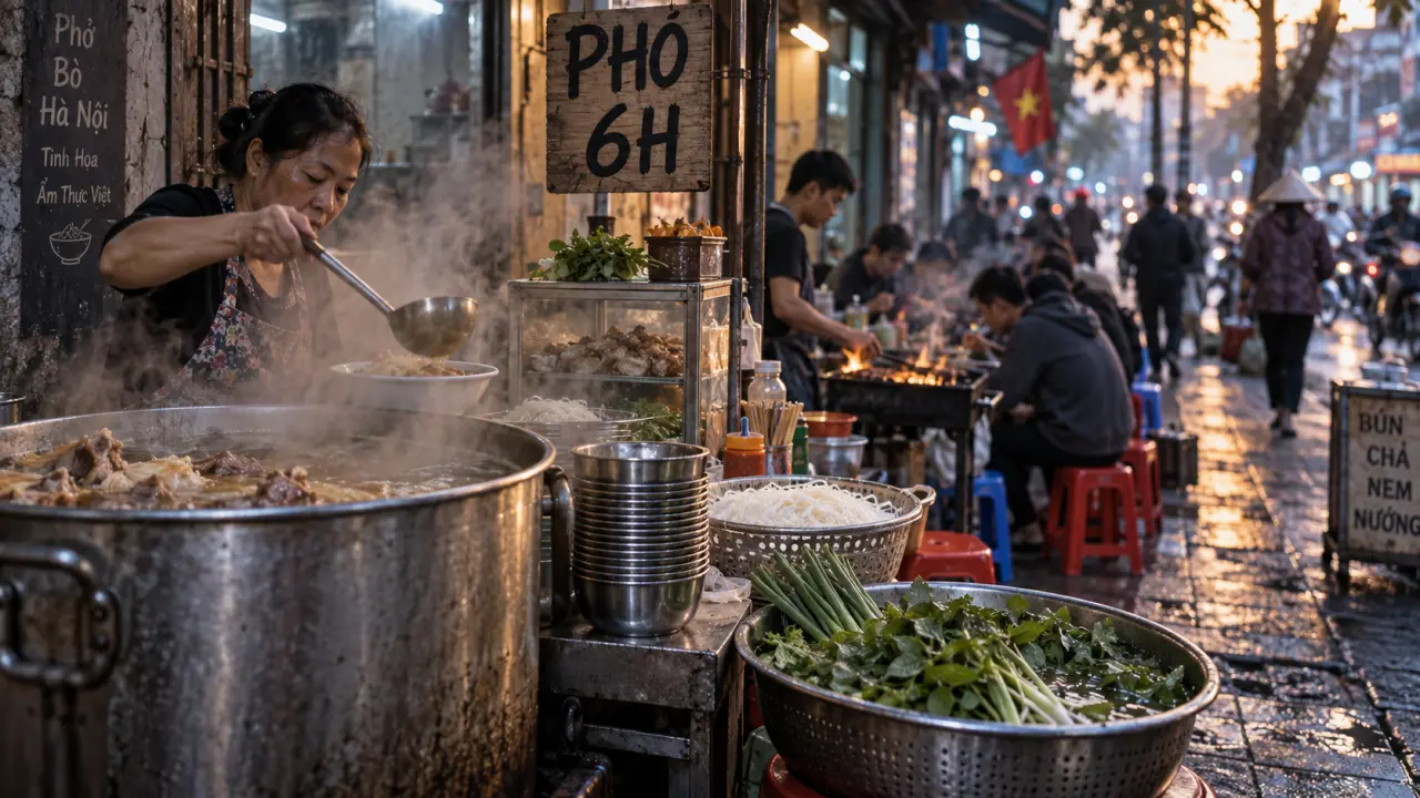 Food street vietnam : stand pho à Hanoi, bols inox et vapeur