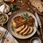 Gastronomie Gers : foie gras poêlé et Armagnac sur table bois