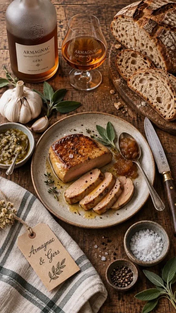Gastronomie Gers : foie gras poêlé et Armagnac sur table bois
