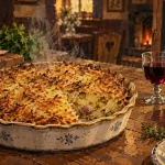 Gastronomie Morvan : tourtière râpée fumante sur assiette, salade verte