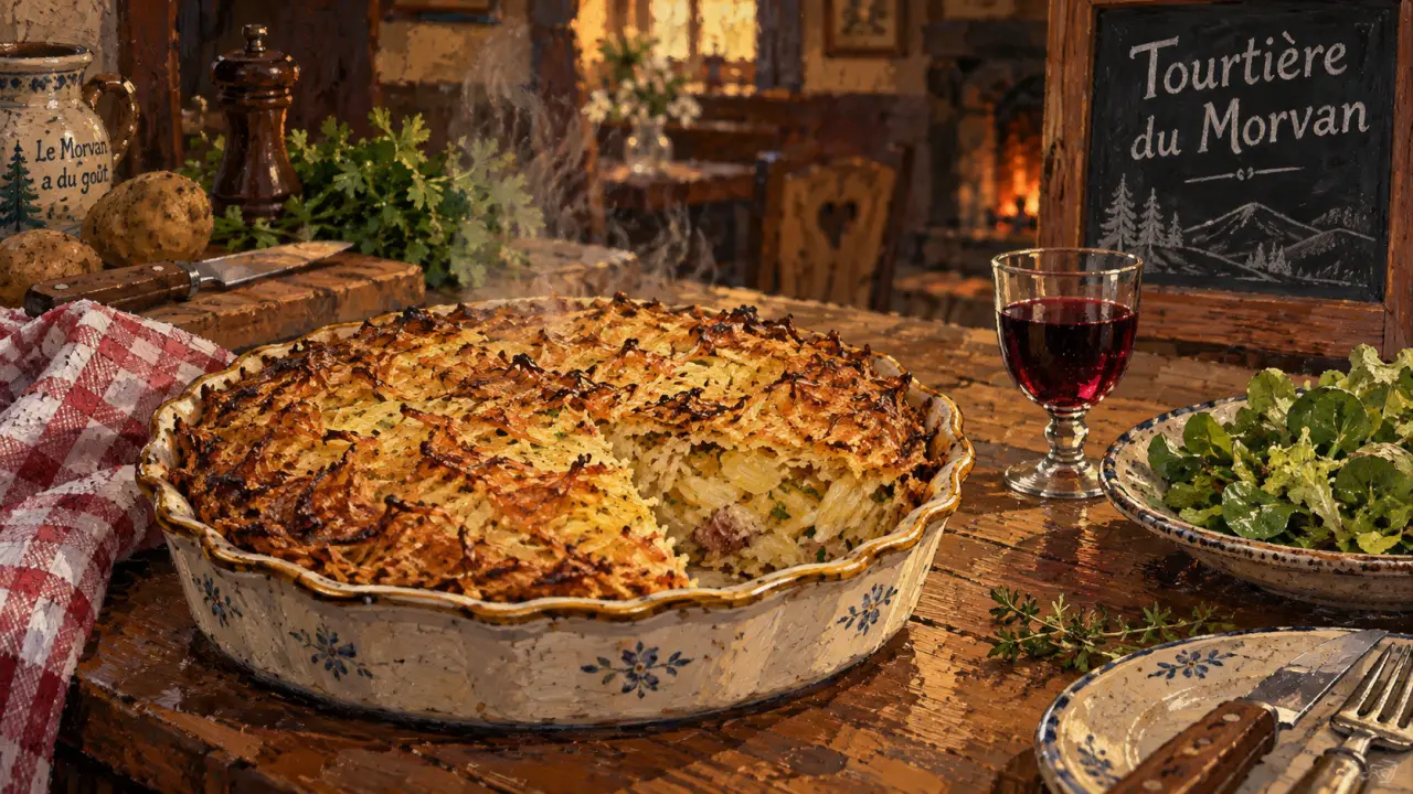 Gastronomie Morvan : tourtière râpée fumante sur assiette, salade verte