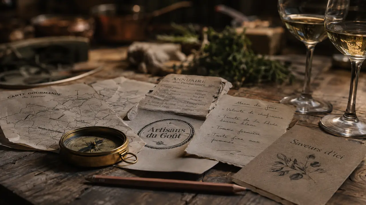 Les artisans du gout : table en bois et cartes de producteurs