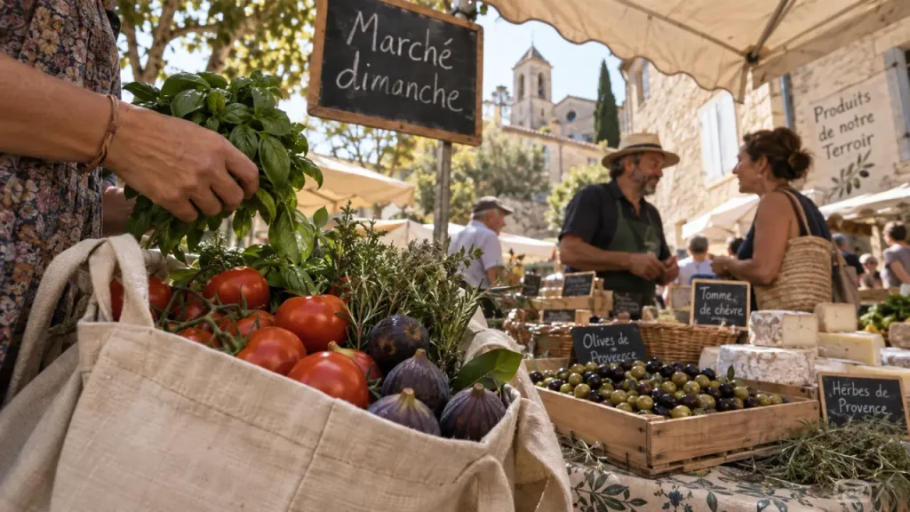 Marchés avignon alentours : marché provençal en plein air, cabas de tomates et basilic