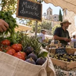 Marchés avignon alentours : marché provençal en plein air, cabas de tomates et basilic