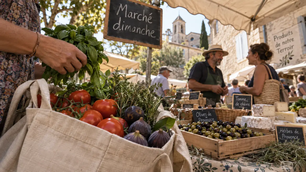 Marchés avignon alentours : marché provençal en plein air, cabas de tomates et basilic