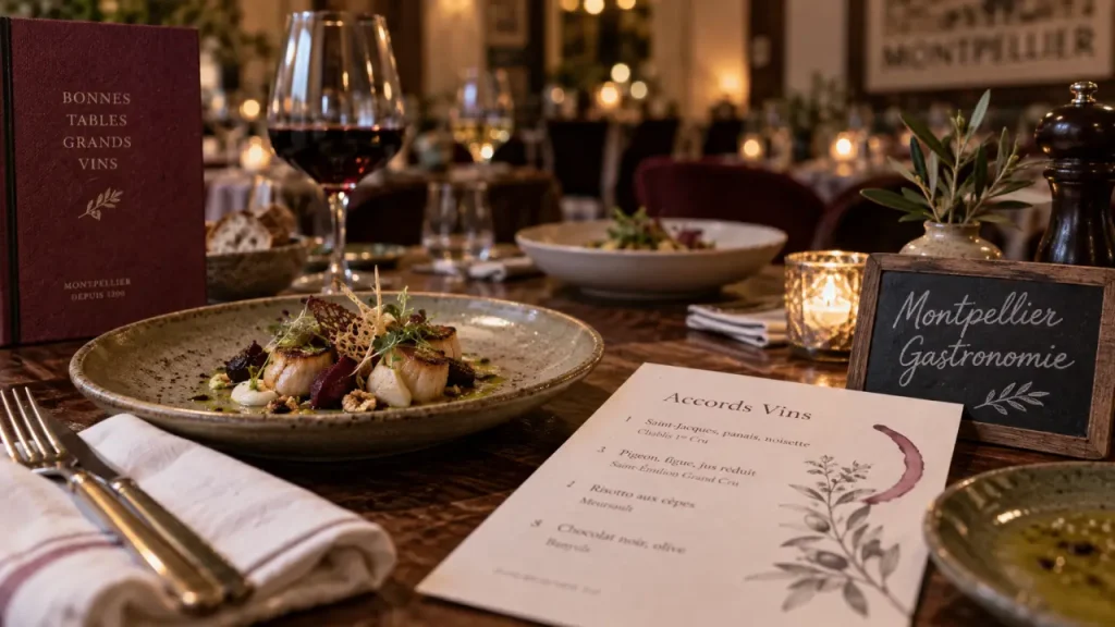 Meilleures restaurants Montpellier : table dressée, menu et vins