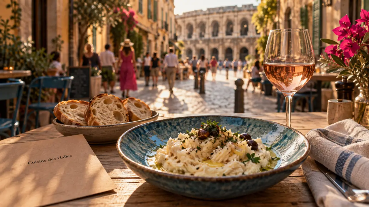 Meilleurs restaurants à Nîmes : Cuisine des Halles, brandade et rosé sur table