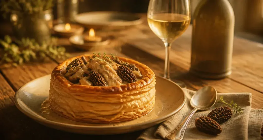 Quel vin servir avec un vol-au vent : verre de vin blanc avec vol-au-vent aux morilles