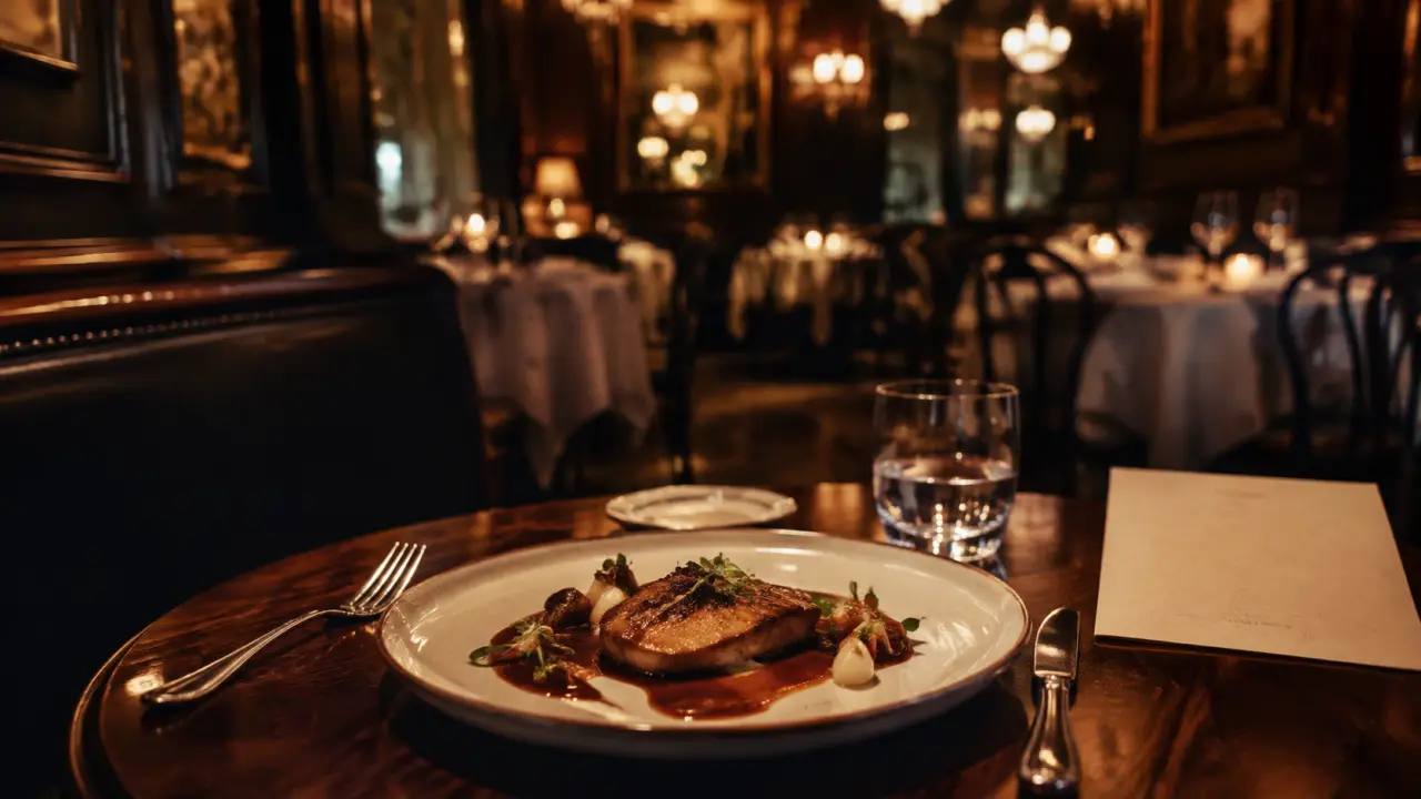 Table d’un restaurant gastronomique à Vichy, salle Belle Époque, menu et accords mets-vins-eaux