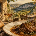 Restaurants in the lot : table quercynoise, agneau du Quercy et pain, vue sur vignobles du Lot