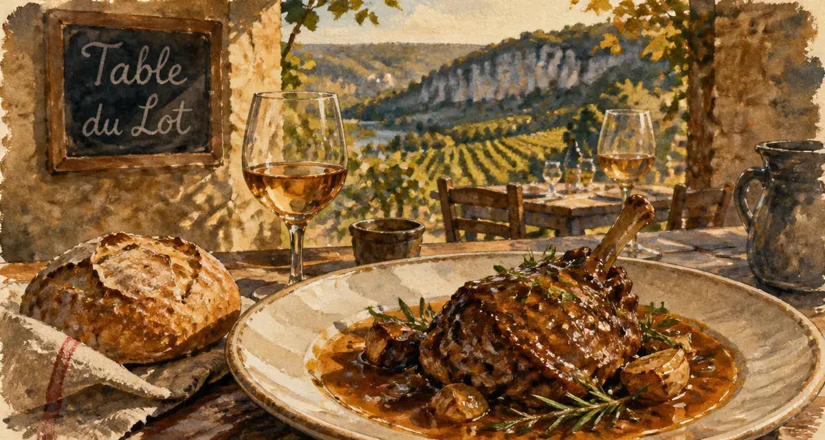 Restaurants in the lot : table quercynoise, agneau du Quercy et pain, vue sur vignobles du Lot