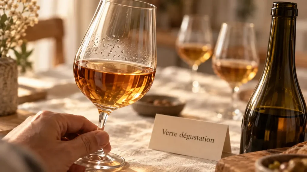 Verre degustation vin forme tulipe, gros plan sur bouteille