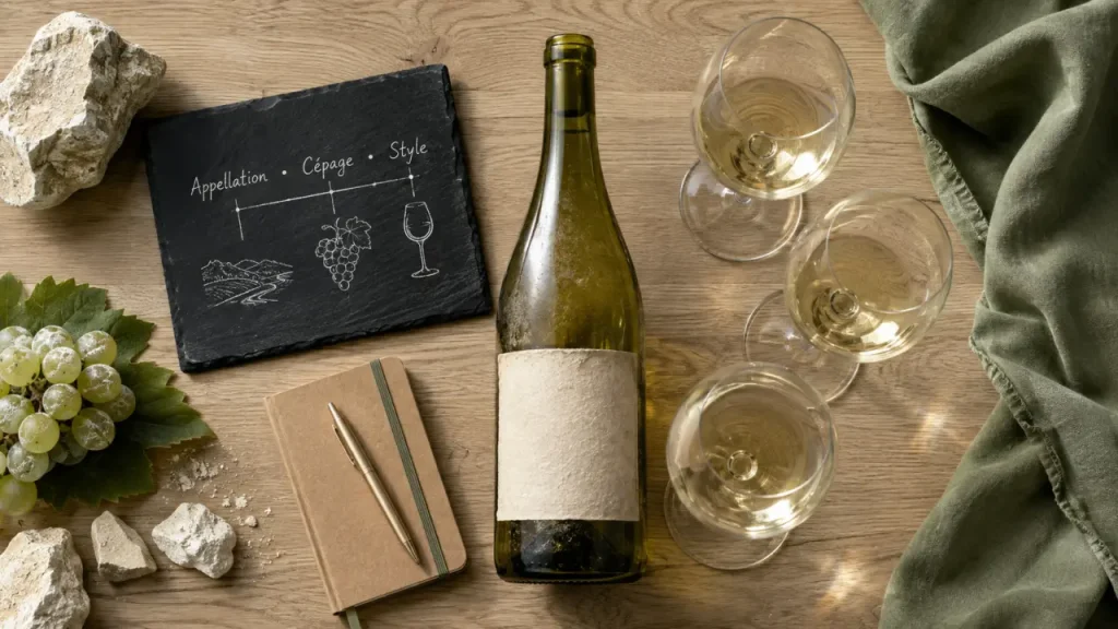 Vin bio Loire : bouteille sur table en chêne, appellations et cépages