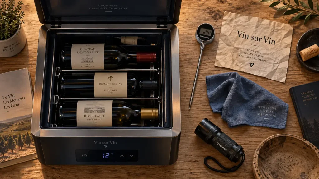 Photo vin sur vin cave : cave de service, thermomètre et fiche