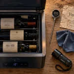 Photo vin sur vin cave : cave de service, thermomètre et fiche