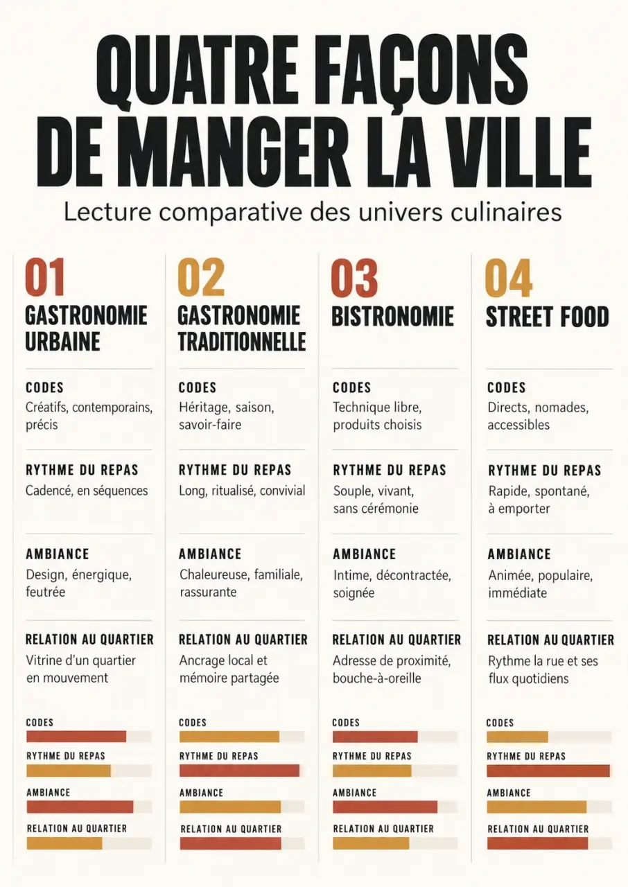 Infographie comparative sur la gastronomie urbaine, la gastronomie traditionnelle, la bistronomie et la street food