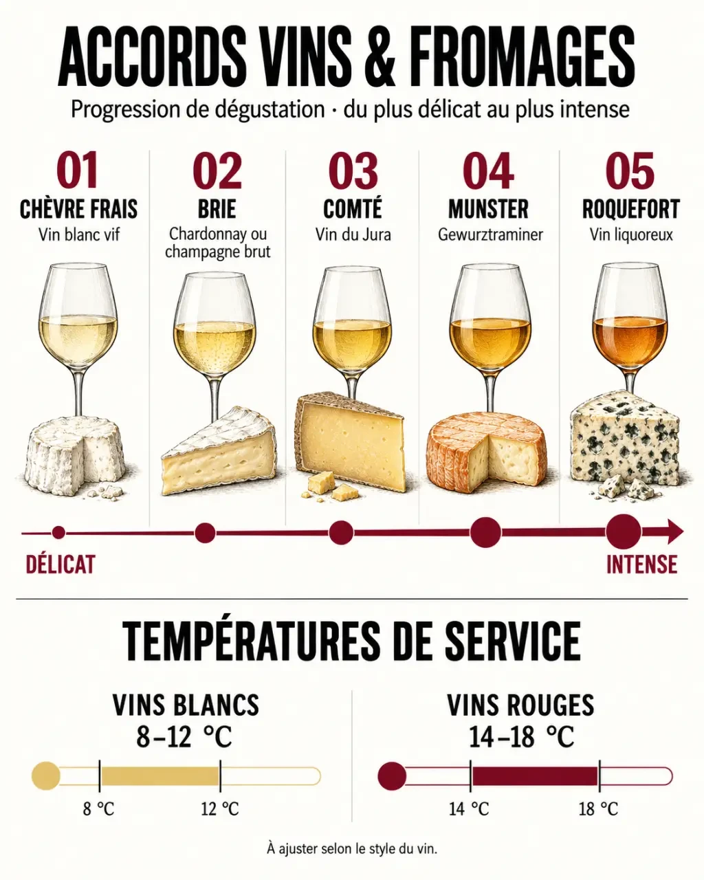 Guide pour associer les vins et les fromages lors d'une dégustation avec progression des accords et températures de service