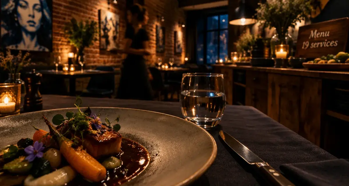 Gastronomie urbaine, salle intimiste, menu 19 services, assiette en céramique et sauce brillante