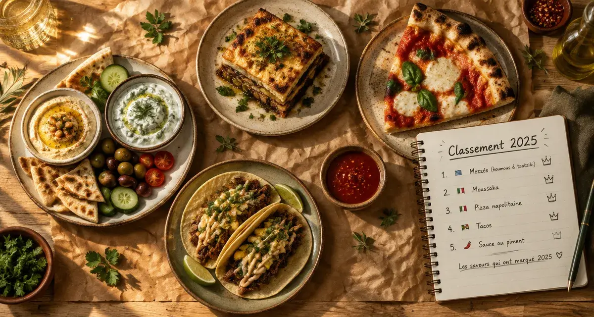 Meilleure cuisine du monde classement 2025 : Grèce et France, flat-lay cuisine méditerranéenne