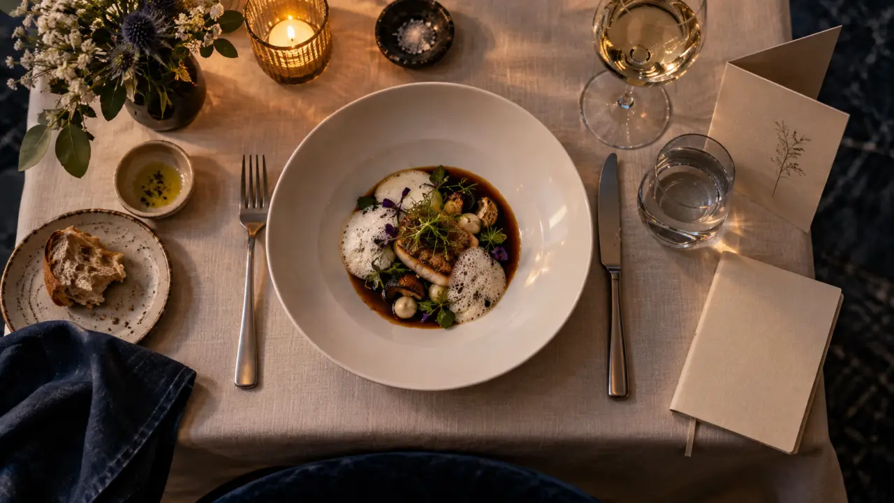 Restaurant gastronomique définition : table gastronomique, assiette et couverts