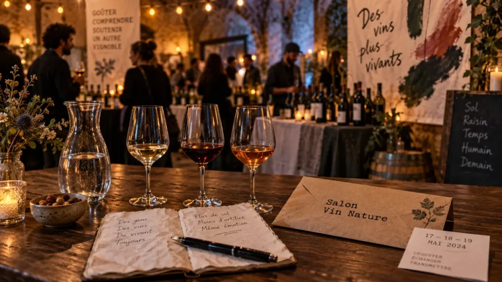 Salon vin nature en dégustation : verres et exposants